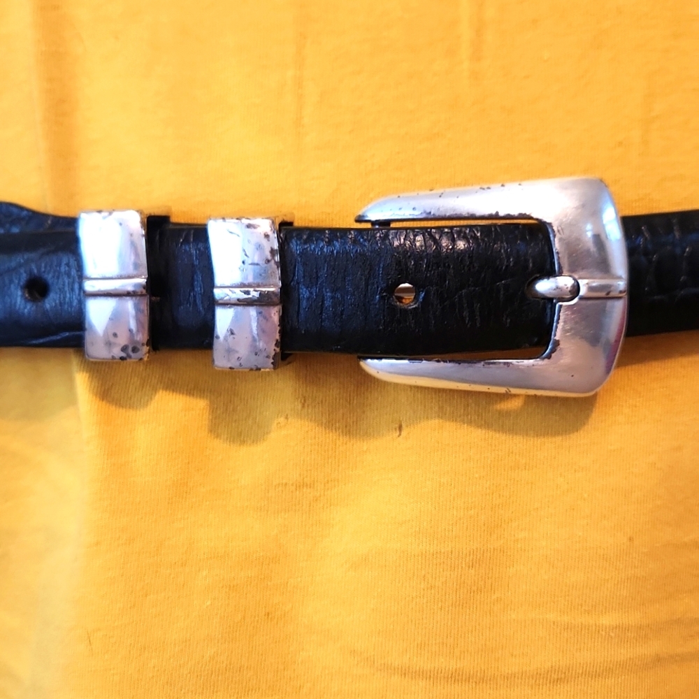GORGEOUS 1" WIDE BLACK ITALIAN LEATHER BELT W/RUSTIC SILVER BUCKLE. SZ 38 - Picture 2 of 9